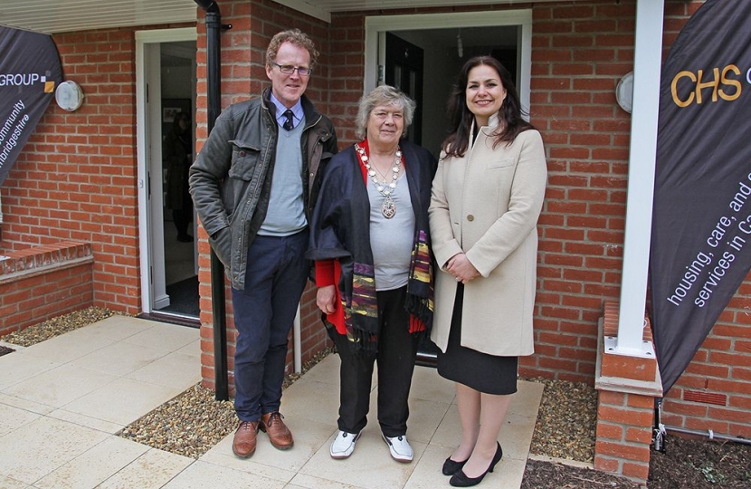 Councillors Peter Topping and Sue Ellington with Heidi Allen MP at the opening of new affordable housing in Newton Road, Wittlesford, 22 April 2016.