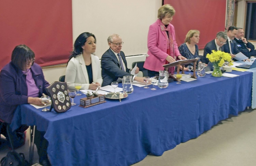 3. SCCA's AGM, 10 February 2017: Dorothy Calder MBE, the Association's President, starts the proceedings.  L to r: Lynn (Conservative area representative for Bedfordshire and Cambridgeshire), Heidi Allen MP, Bill Potter (Chairman), Dorothy Calder, Joshua Vanneck (Treasurer), Ben Shelton (Vice-Chairman, Political) and Jason Ablewhite, Cambridgeshire Police and Crime Commissioner.