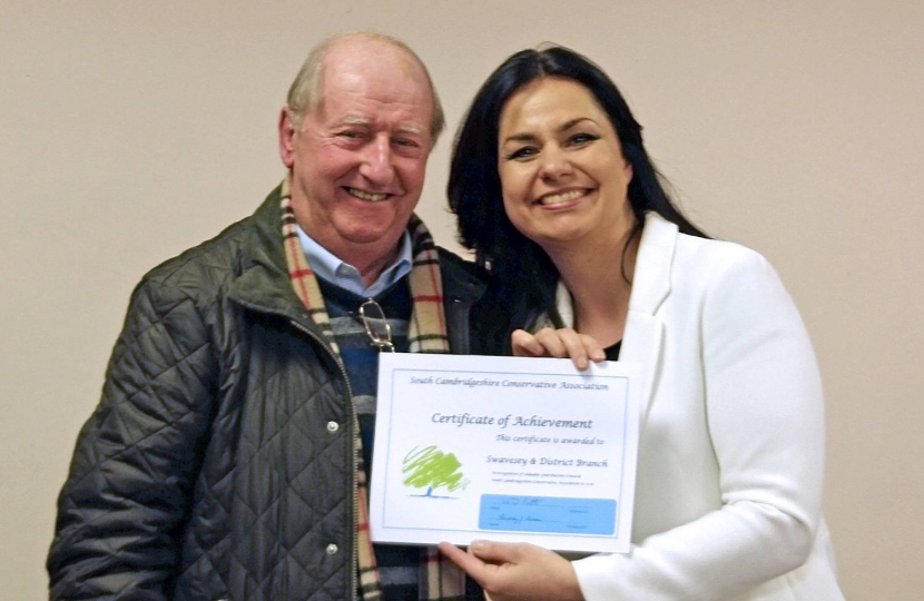 9. SCCA's AGM, 10 February 2017: Gordon Hilton-Jackson, Swavesey Branch, with Heidi Allen MP.  Branch membership grew during 2016.