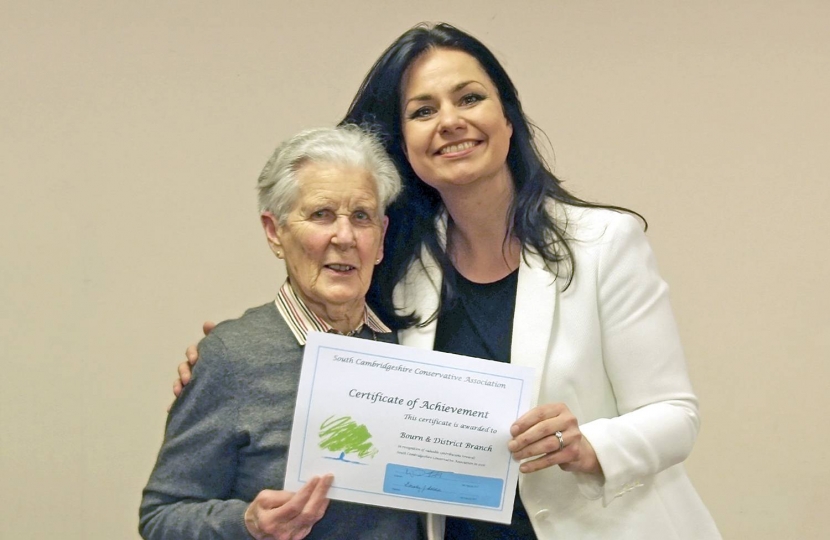 10. SCCA's AGM, 10 February 2017: Jean Peacey, Bourn Branch, with Heidi Allen MP.  Branch membership grew during 2016.