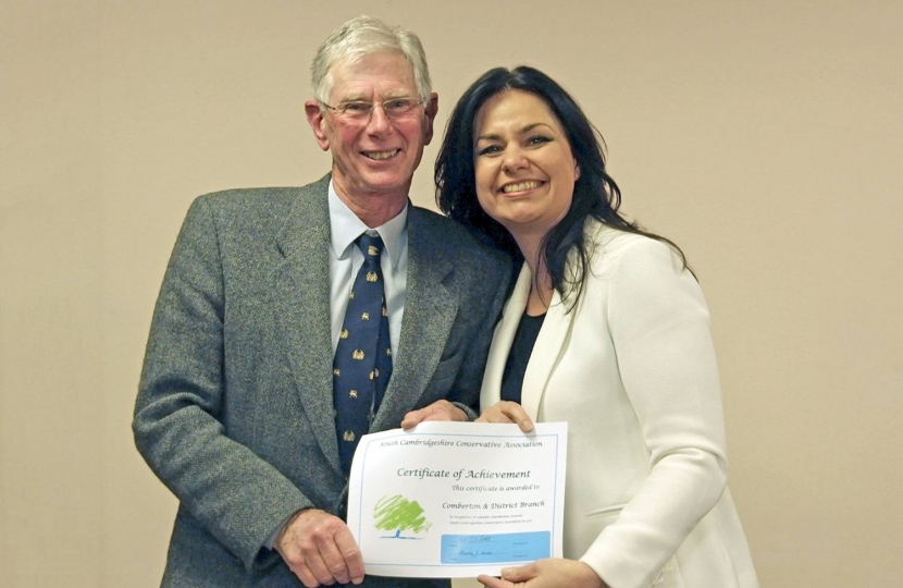 12. SCCA's AGM, 10 February 2017: Robert Cook, Comberton Branch, with Heidi Allen MP.  Branch membership grew during 2016.