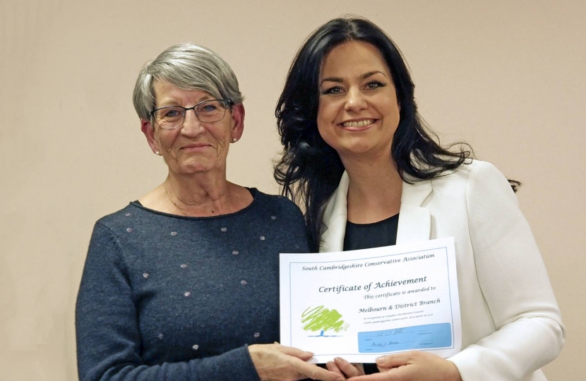 14. SCCA's AGM, 10 February 2017: Val Barrett, Melbourn Branch, with Heidi Allen MP.  Branch membership grew during 2016.