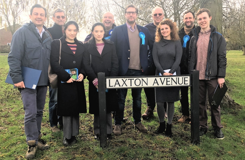 Happy canvassers in Hardwick on Saturday.  In the centre is James Palmer, Conservative Candidate for the Mayor of Cambridgeshire and Peterborough Combined Authority.  To his left is Lina Joseph, Conservative candidate for the Hardwick division in the County Council election.  Both elections are being held on 4th May.