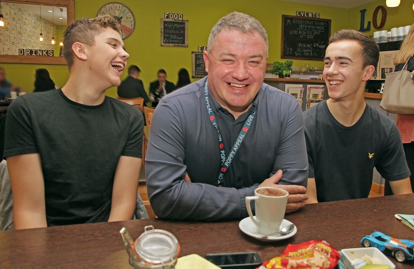 Mark Howell (with Callum + Tom at Greens Coffee),County Councillor candidate 2017, Cambourne division.