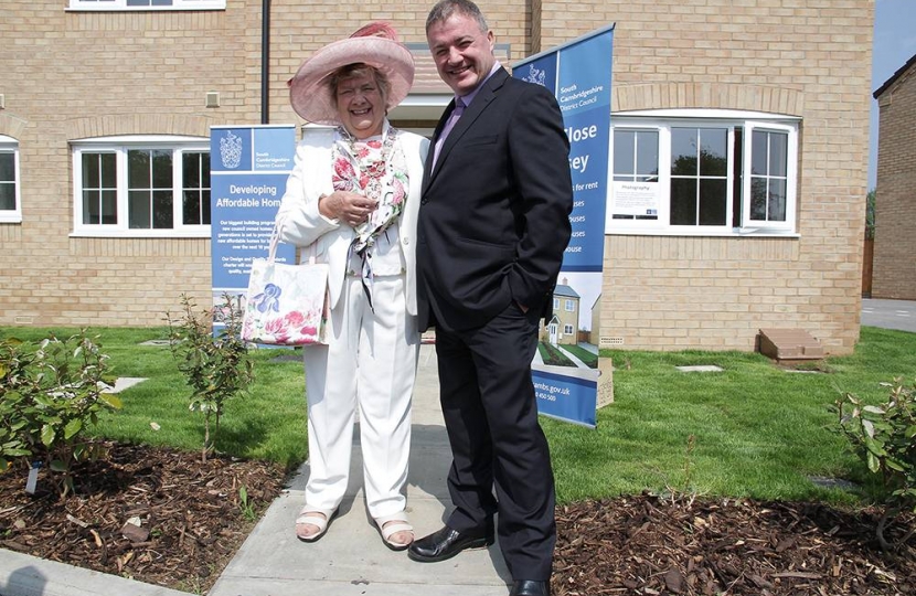 Councillors Sue Ellington and Mark Howell at the opening of SCDC's new council houses in Swavesey - 12 May 2016.