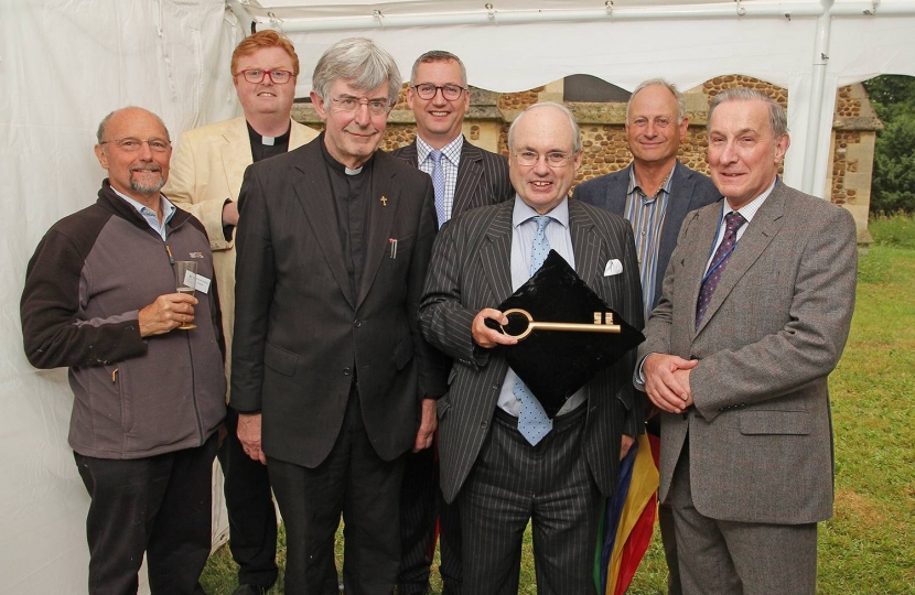 Trustees of the Friends of Friendless Churches at St Denis’ church, East Hatley, 11th July 2017.  L to R: Richard Halsey MBE (FoFC exec trustee), Rev’d Alex Barrow (FoFC exec trustee), Rev’d Philip Gray (FoFC exec trustee), District Councillor Sebastian Kindersley, Roger Evans (FoFC chairman), District Councillor Nick Wright and Peter Scott (FoFC treasurer).