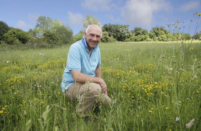 Tim Scott is the new Environmental Champion for South Cambridgeshire – seen here amongst wild flowers on Countryside Restoration Trust land in Barton.