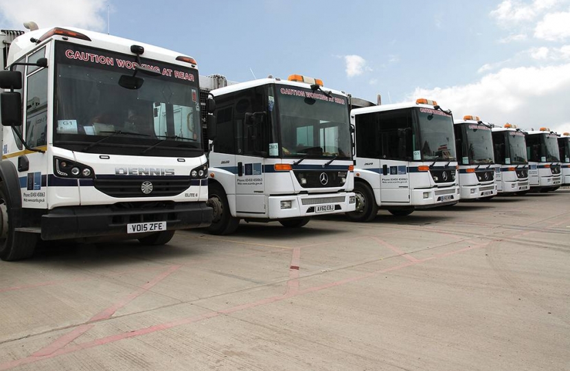 SCDC bin lorries at its waste services depot in Waterbeach.  Peter Topping, Leader of South Cambridgeshire District Council, popped in to thank the team which cleaned up the mess left after unlawful trespass at Stapleford over the weekend of 12 / 13th August 2017.