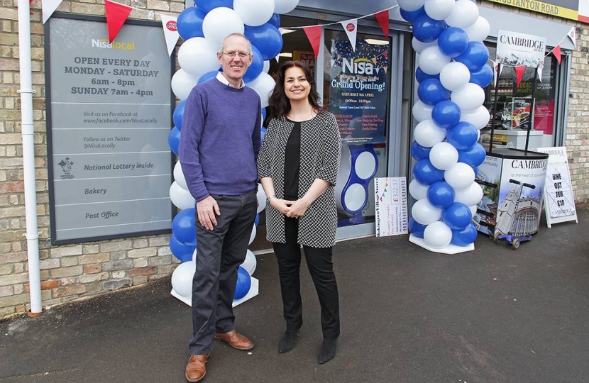 Simon Edwards, Cottenham District Councillor and SCDC's Finance and Staffing Portfolio Holder, with Heidi Allen MP outside the post office in Oakington. 