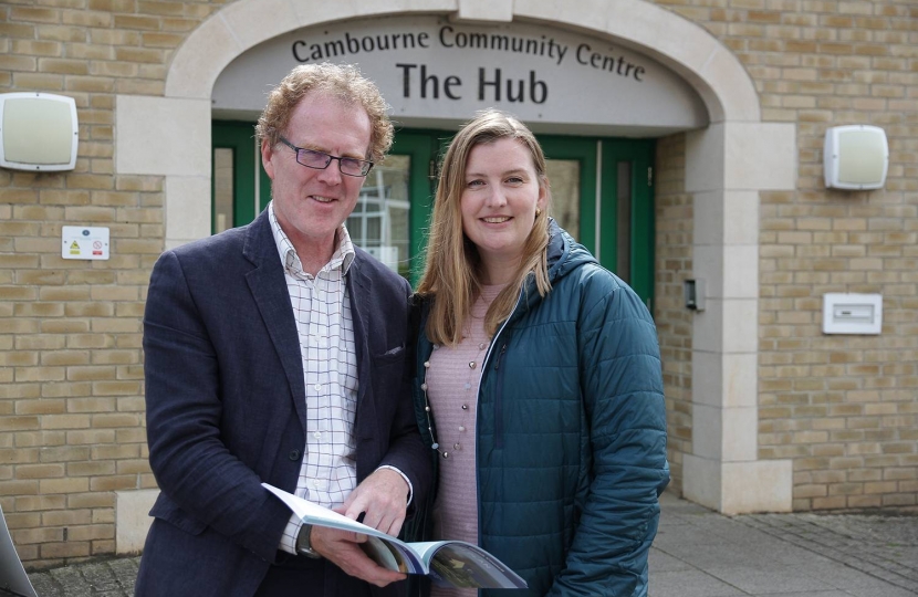 Cllr Peter Topping, Leader of South Cambridgeshire District Council, with local District Councillor Ruth Betson, outside Cambourne's Hub after meeting with Cambourne Parish Council leaders.