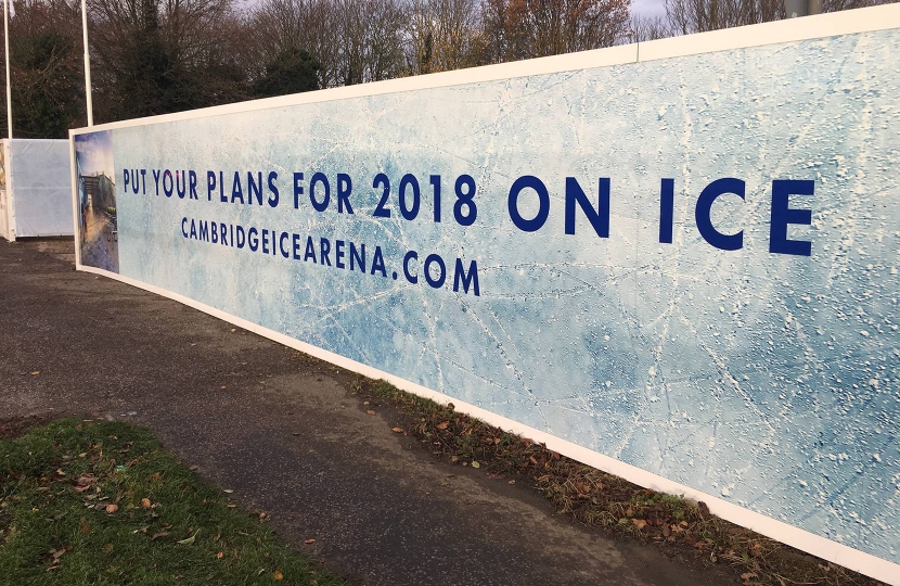 Icy theme to the banner promoting the new Cambridge Ice Rink.  Photo credit: South Cambridgeshire District Council.