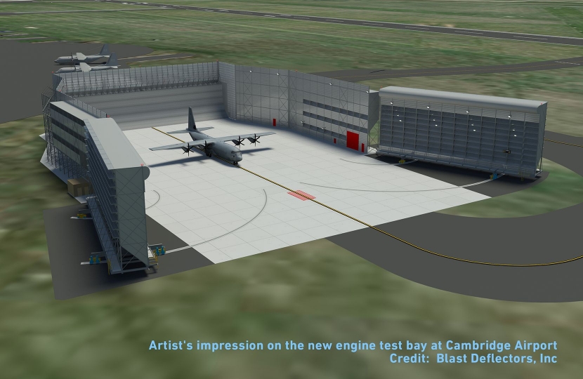 Artist's impression on the new engine test bay at Cambridge Airport.  Credit: Blast Deflectors, Inc