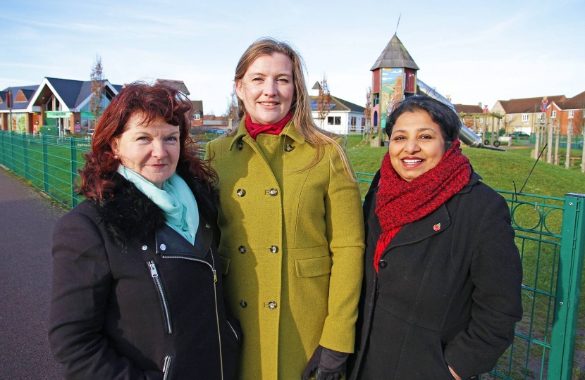 Evelyne Spanner, Ruth Betson and Shrobona Bhattacharya by the CoOp in Lower Cambourne.