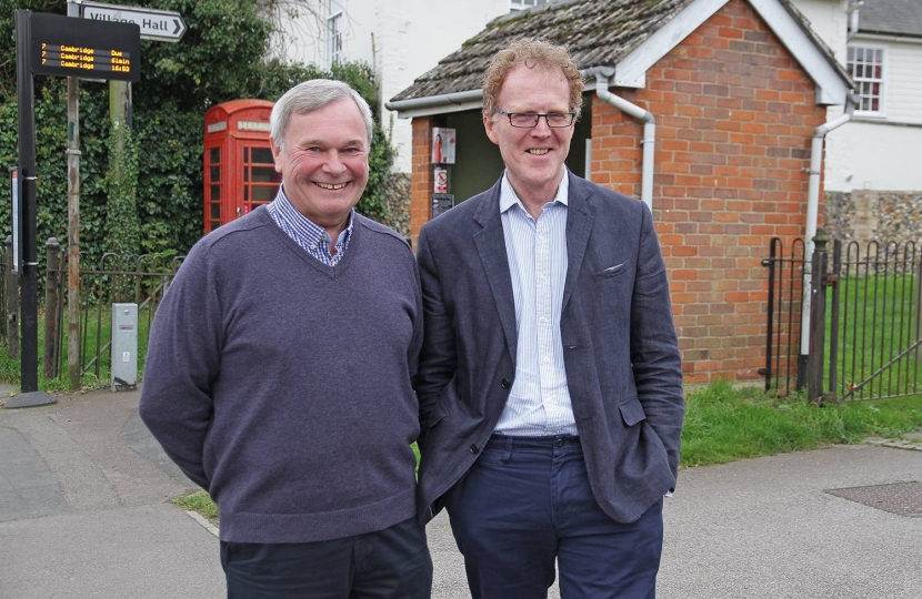 Stephen Edwards in his home village of Ickleton with County Councillor Peter Topping.  Stephen and Peter are very concerned about the timings of local buses, particularly school buses.