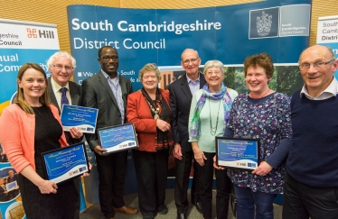 Councillor Sue Ellington with Swavesey residents who received South Cambridgeshire District Council Community Awards on 26th April 2017.  Sue was Chairman of SCDC at the time.