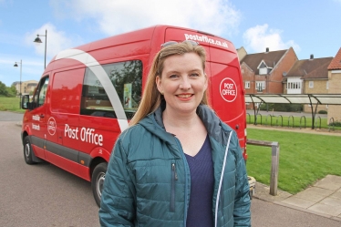 Ruth Betson, District Councillor for Bourn ward, by the new mobile post office van parked in The Hub, Cambourne. The van will be there every Wednesday from 12.15 to 4.00 pm until a new location can be found for a full time post office.